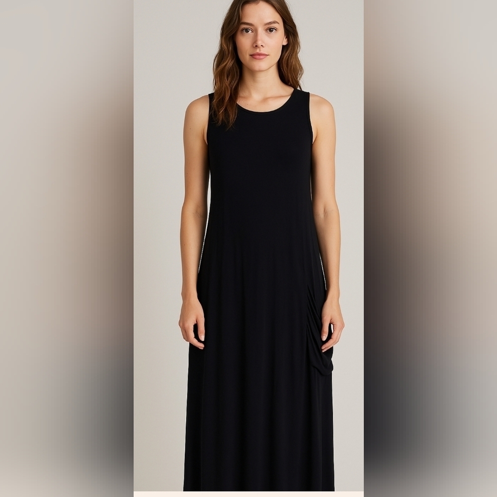 Eileen Fisher Maxi Dress Womens M Black Sleeveless Minimalist Italian Fa…